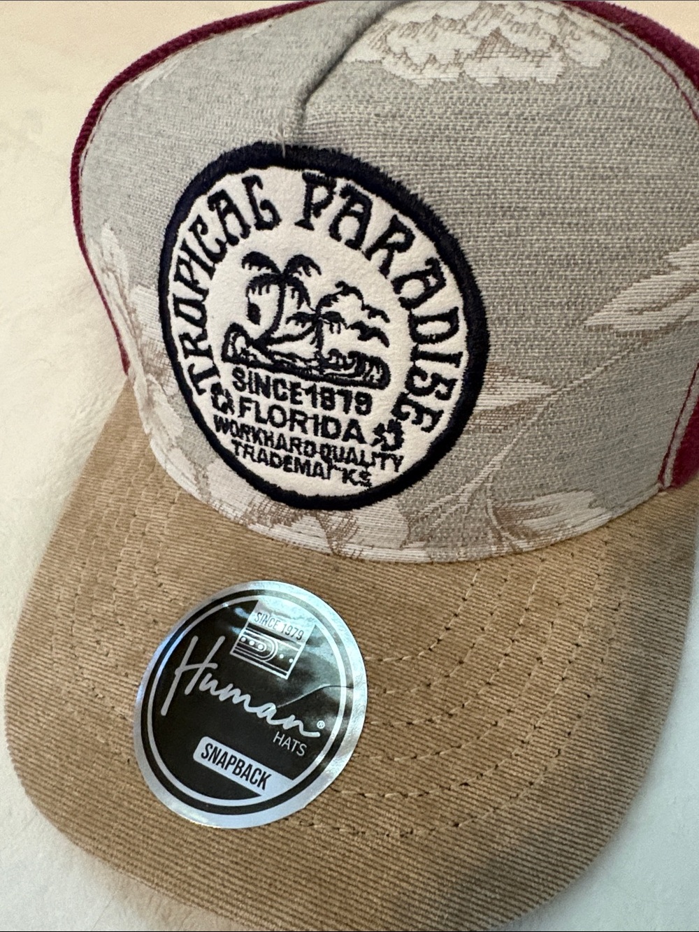 Human Hats Tropical Paradise Embroidered Snapback Hat - Beige, Burgundy